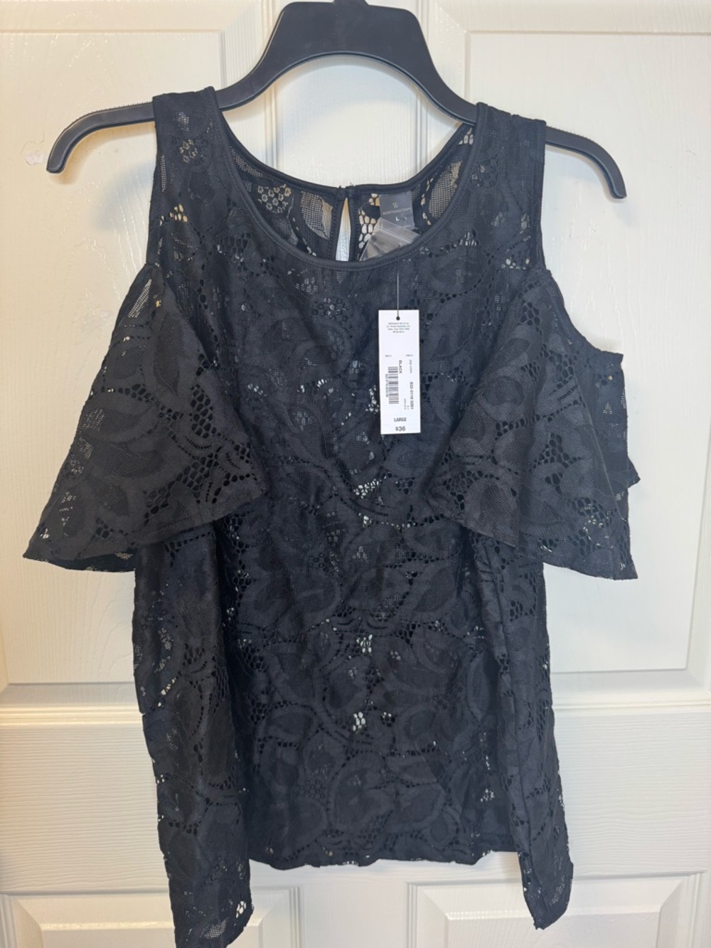 NEW Worthington Black Lace Cold-Shoulder Top with Ruffle Sleeves